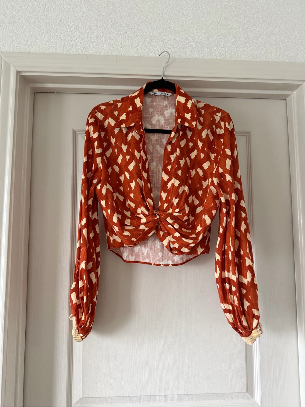 Twist-Front Long Sleeve Crop Blouse - Rust/Cream (Zara)